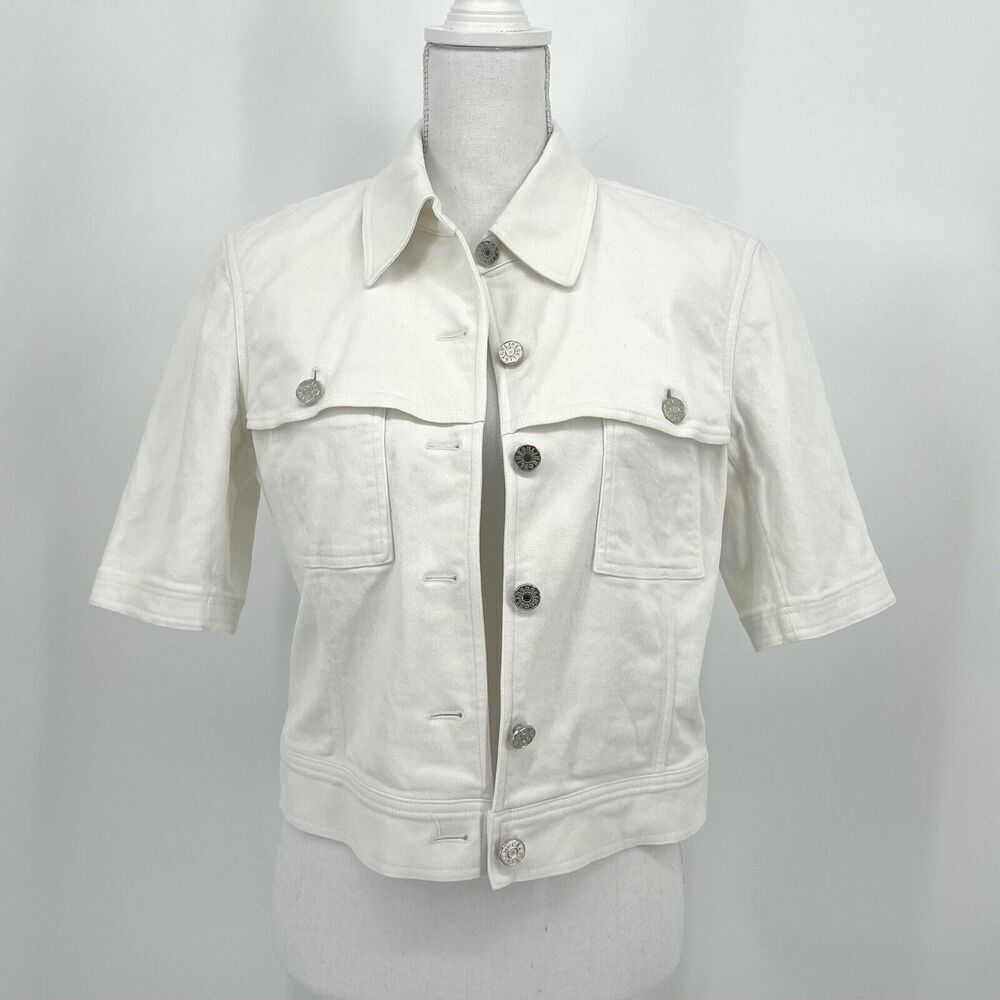 Celine White Denim Cropped Jean Jacket Short Sleeve Silver Buttons Size 40FR